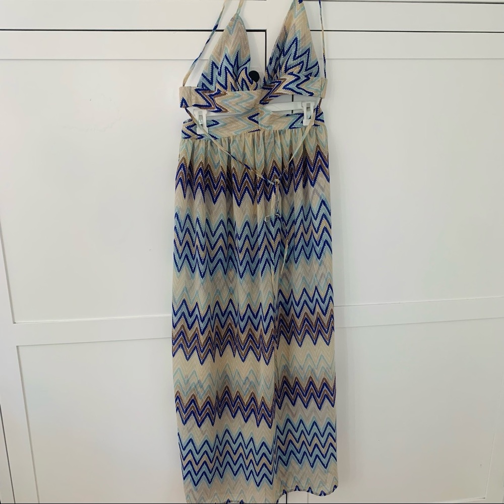 Boohoo Blue/Cream Sheer Maxi Dress Size Medium
